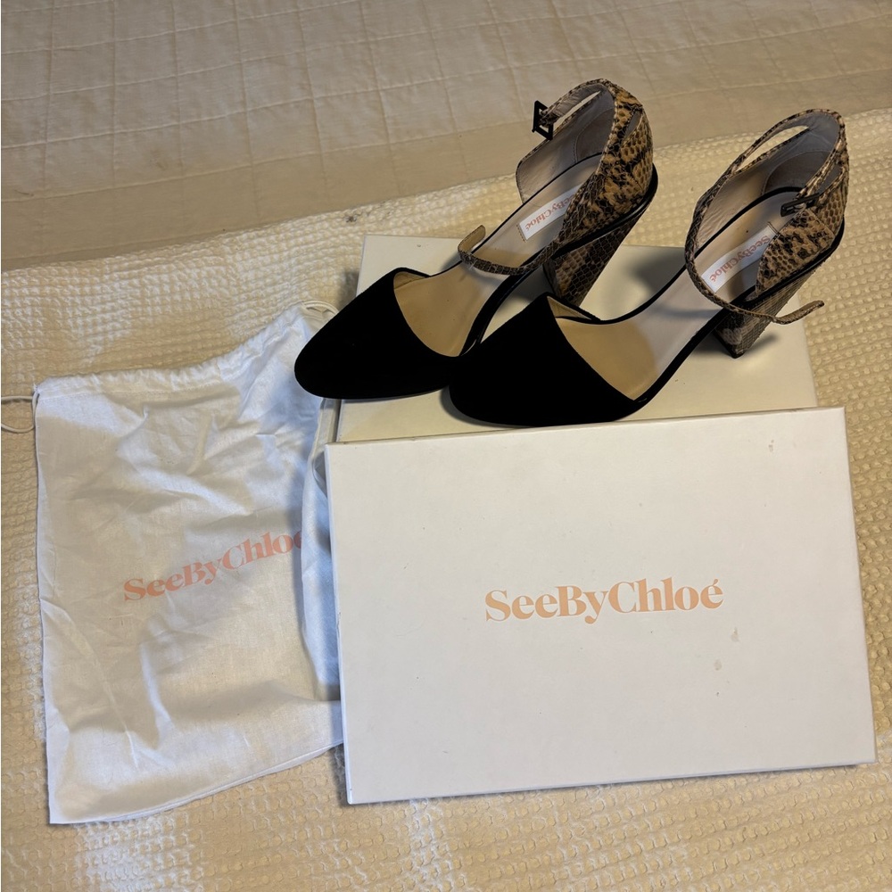 See By Chloe Black and Tan Heeled Sandals